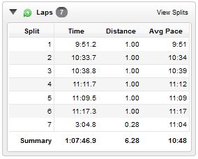A break down of my pace per mile. Notice that my slowest mile came in at 11:17 :)